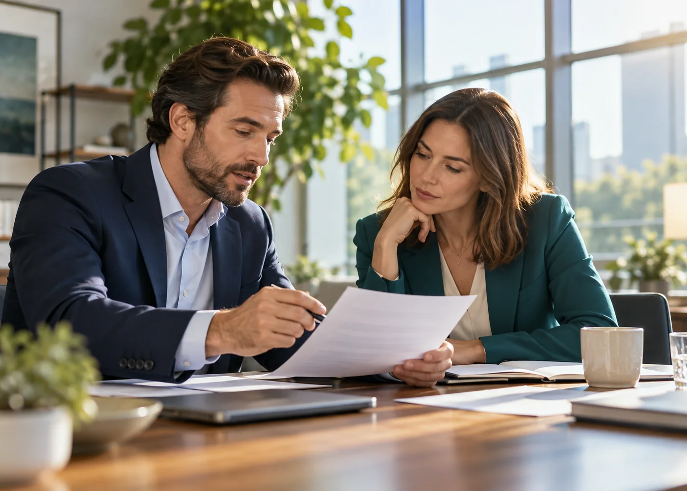 Illustrative purchasing partners discussing documents in a meeting room.