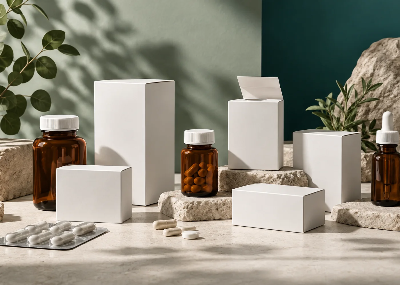 Conceptual unlabeled OTC healthcare packaging; not products offered for sale.